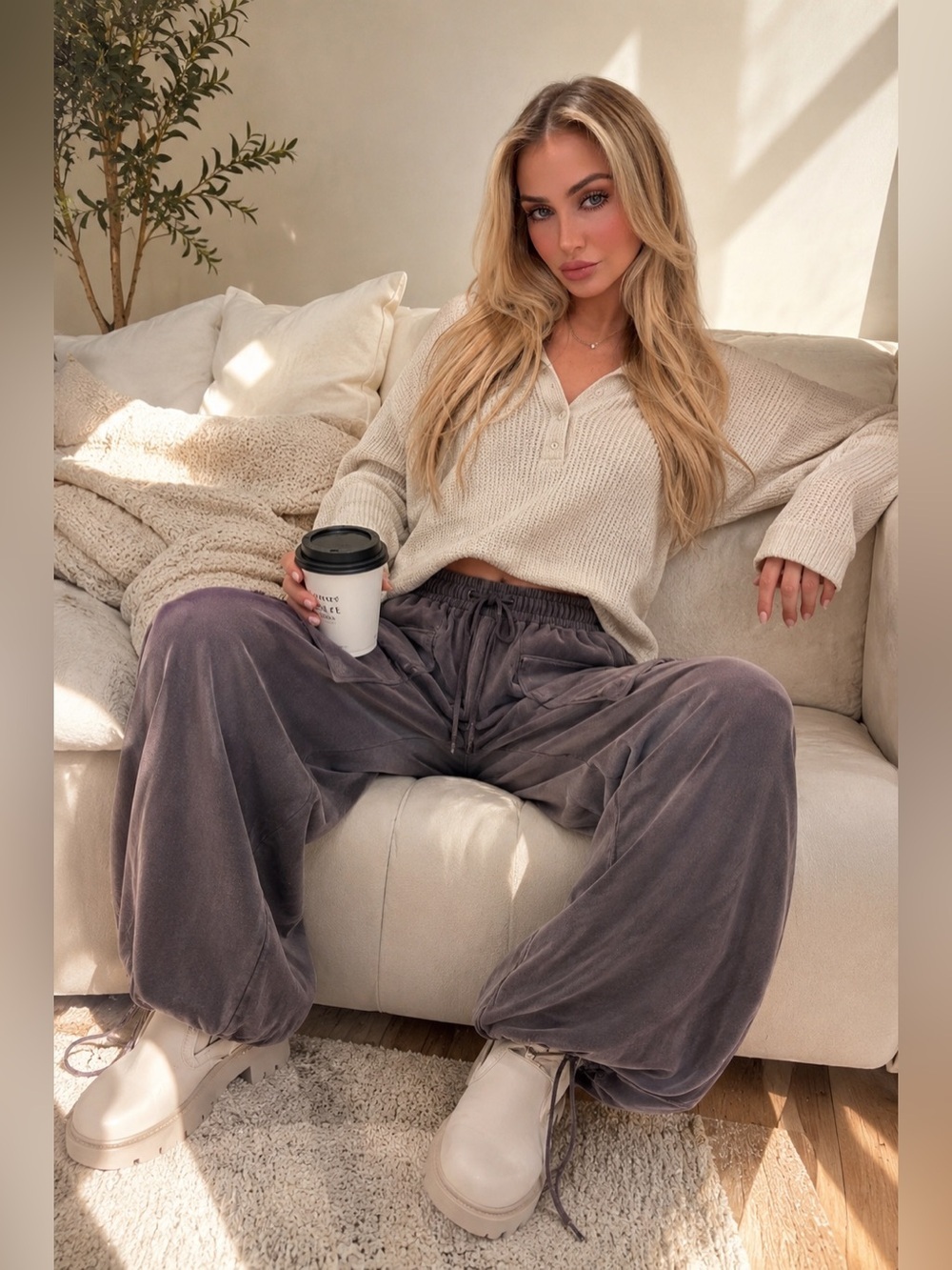 Ready For Takeoff Mineral Washed Terry Knit Pants in Ash Blue - Picture 2 of 9
